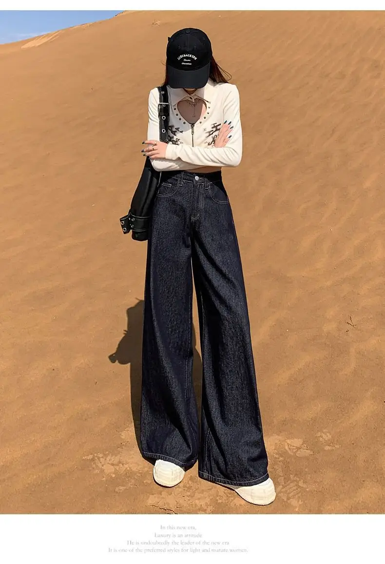 Wide Leg Dark Blue Denim Pants 2025 Korean Style — feature 13