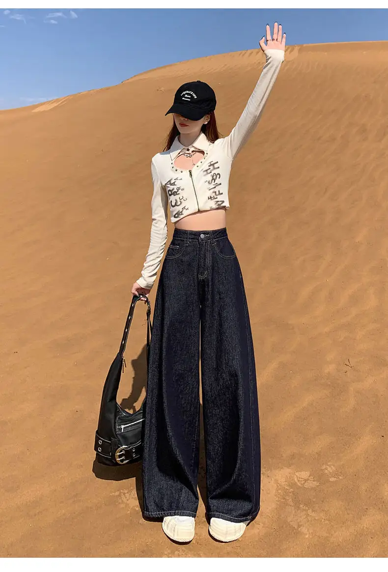 Wide Leg Dark Blue Denim Pants 2025 Korean Style — feature 14