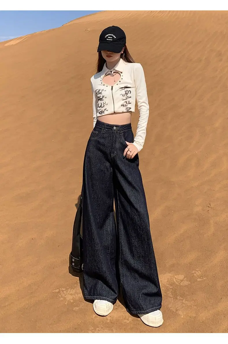 Wide Leg Dark Blue Denim Pants 2025 Korean Style — feature 15