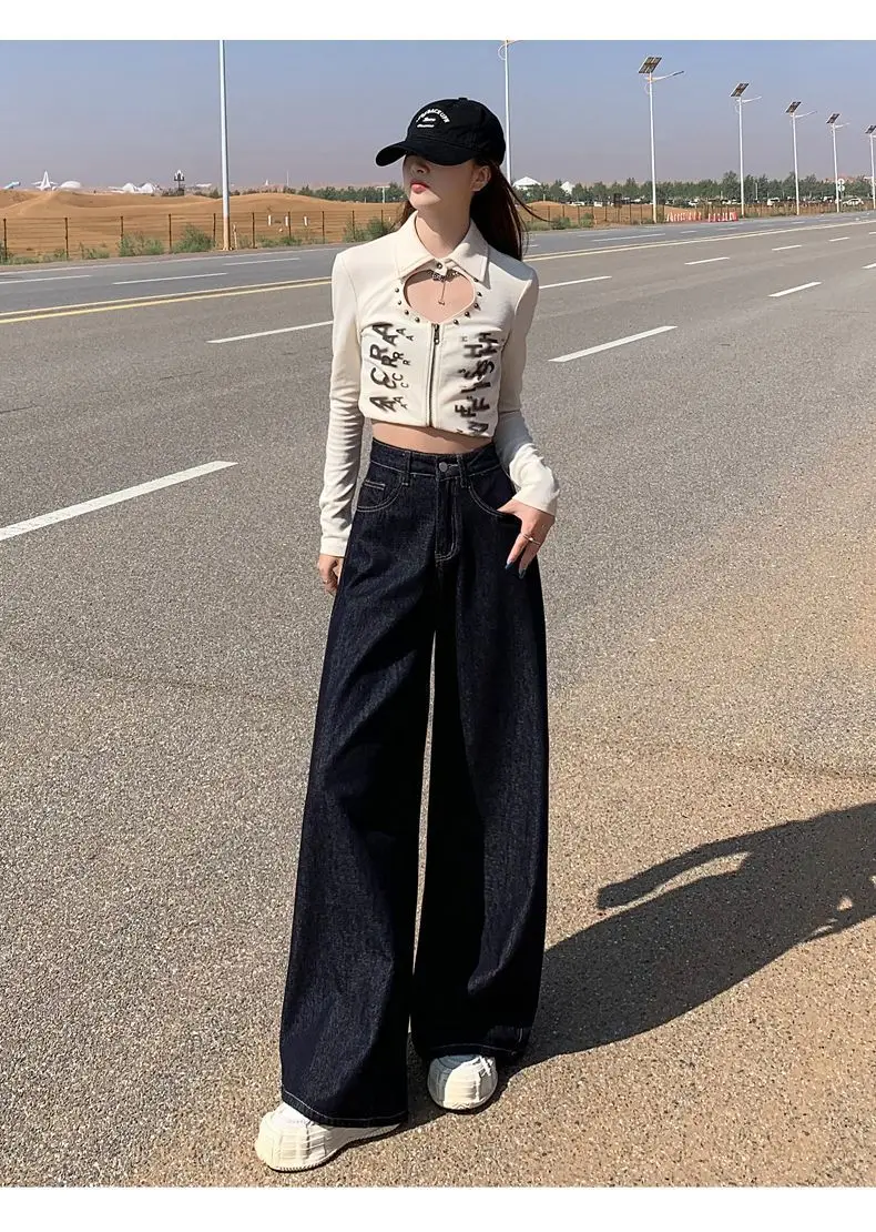 Wide Leg Dark Blue Denim Pants 2025 Korean Style — feature 16