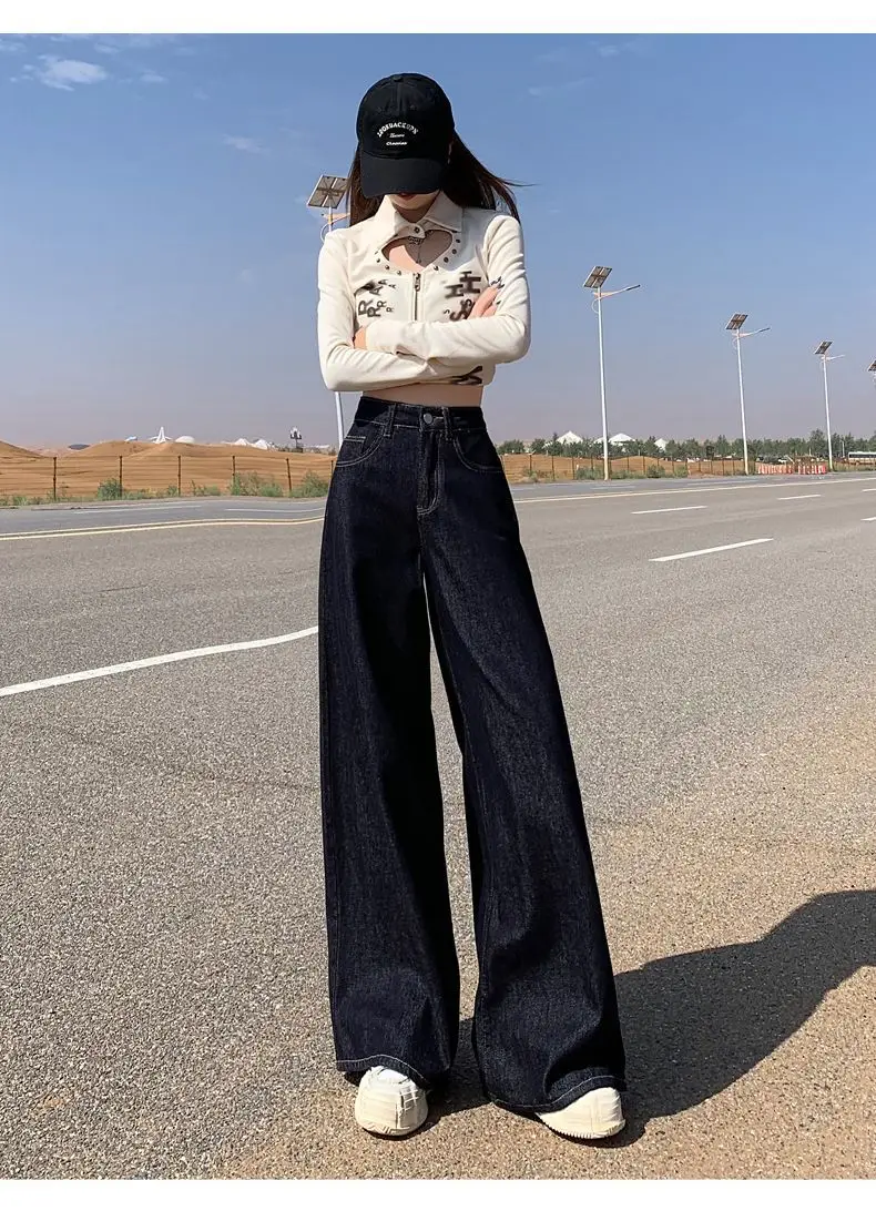 Wide Leg Dark Blue Denim Pants 2025 Korean Style — feature 17