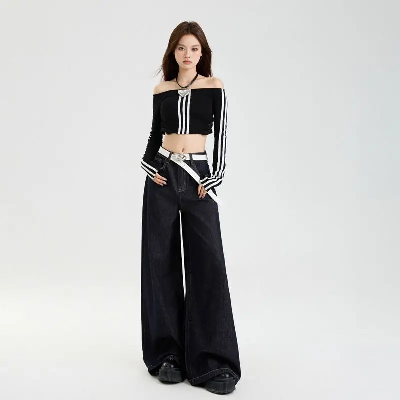 Dark Blue Slim Fit Wide Leg Jeans with Dipped Trousers