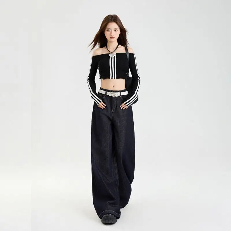 Dark Blue Slim Fit Wide Leg Jeans with Dipped Trousers