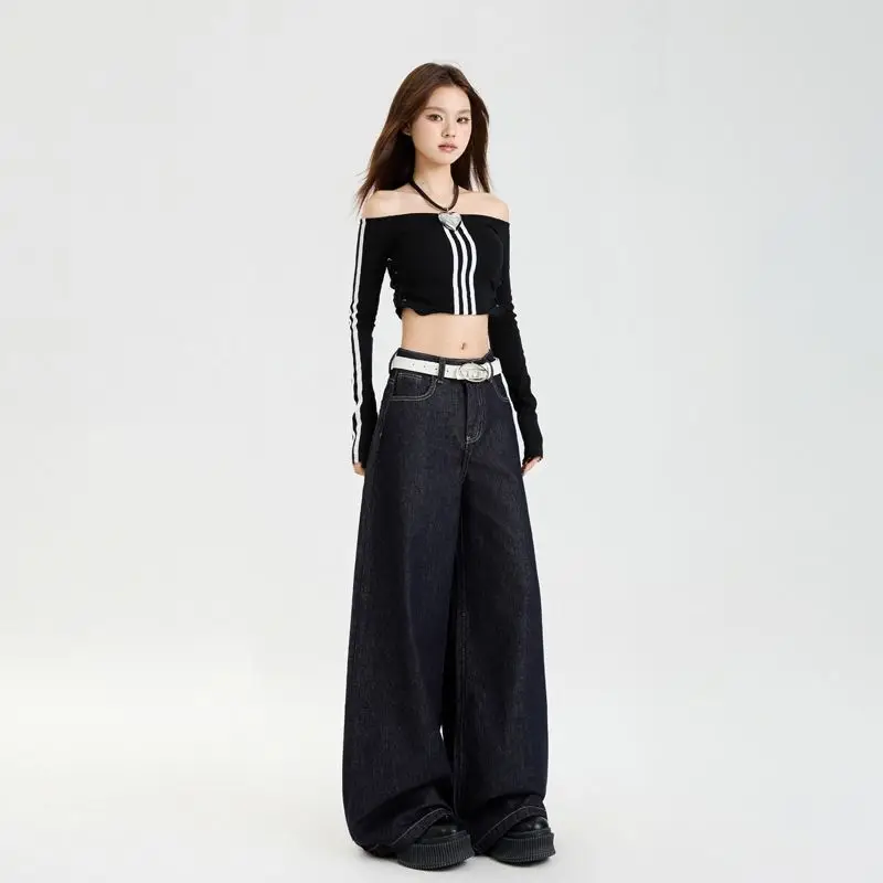 Dark Blue Slim Fit Wide Leg Jeans with Dipped Trousers