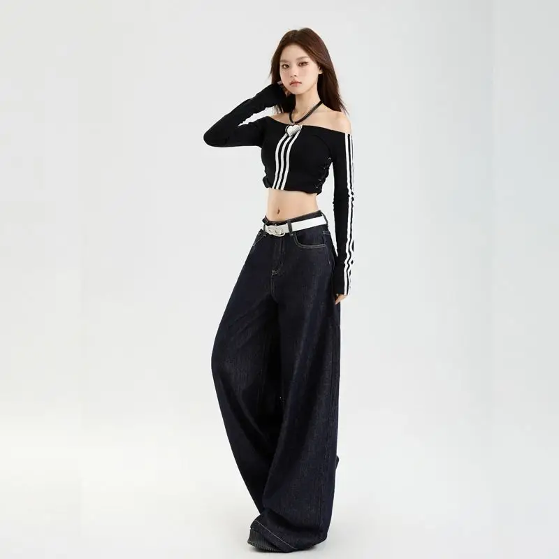 Dark Blue Slim Fit Wide Leg Jeans with Dipped Trousers