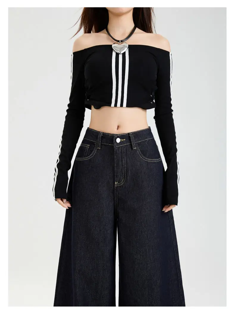 Dark Blue Slim Fit Wide Leg Jeans with Dipped Trousers — feature 10