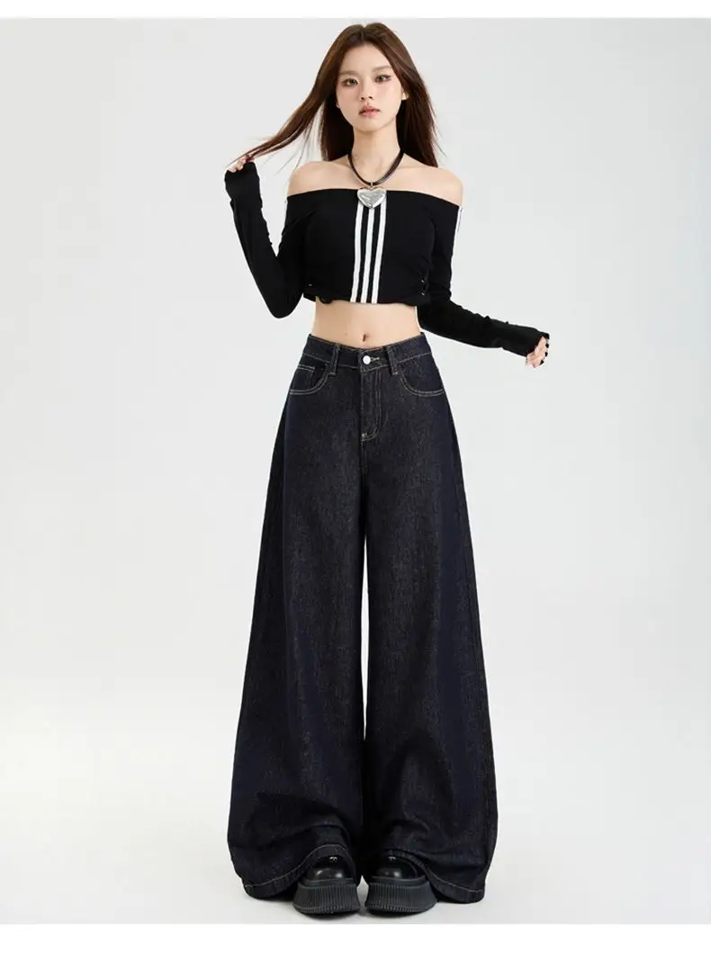Dark Blue Slim Fit Wide Leg Jeans with Dipped Trousers — feature 11