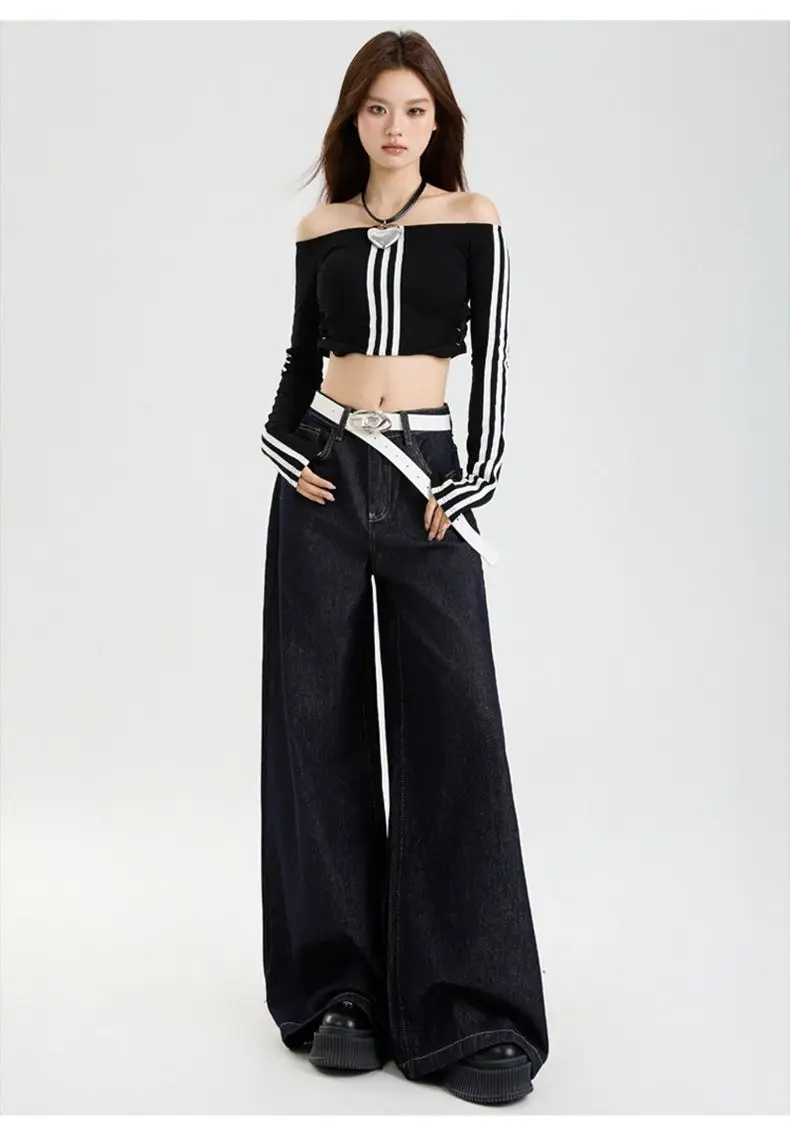 Dark Blue Slim Fit Wide Leg Jeans with Dipped Trousers — feature 12
