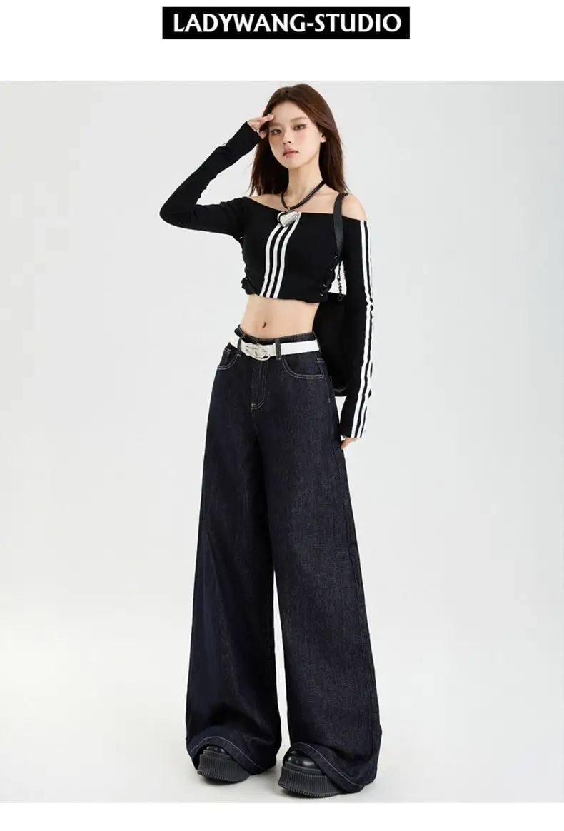 Dark Blue Slim Fit Wide Leg Jeans with Dipped Trousers — feature 13