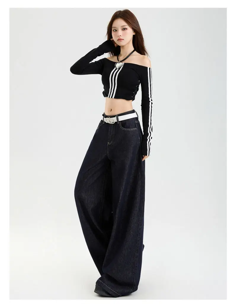 Dark Blue Slim Fit Wide Leg Jeans with Dipped Trousers — feature 15