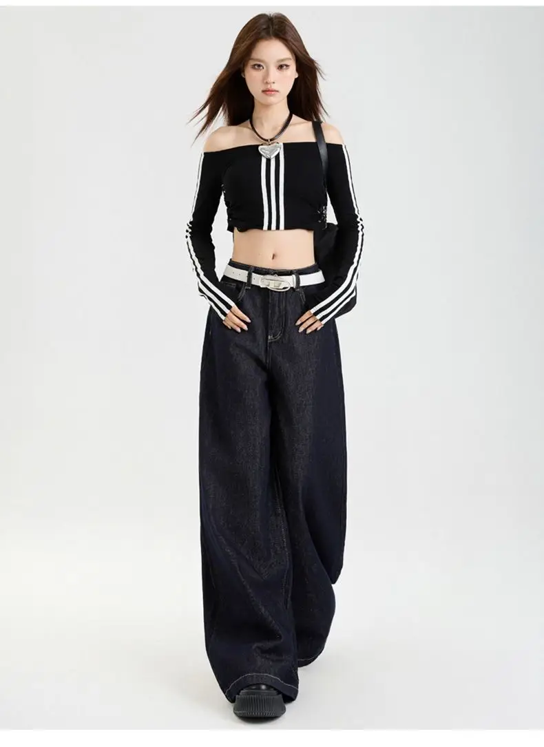 Dark Blue Slim Fit Wide Leg Jeans with Dipped Trousers — feature 16
