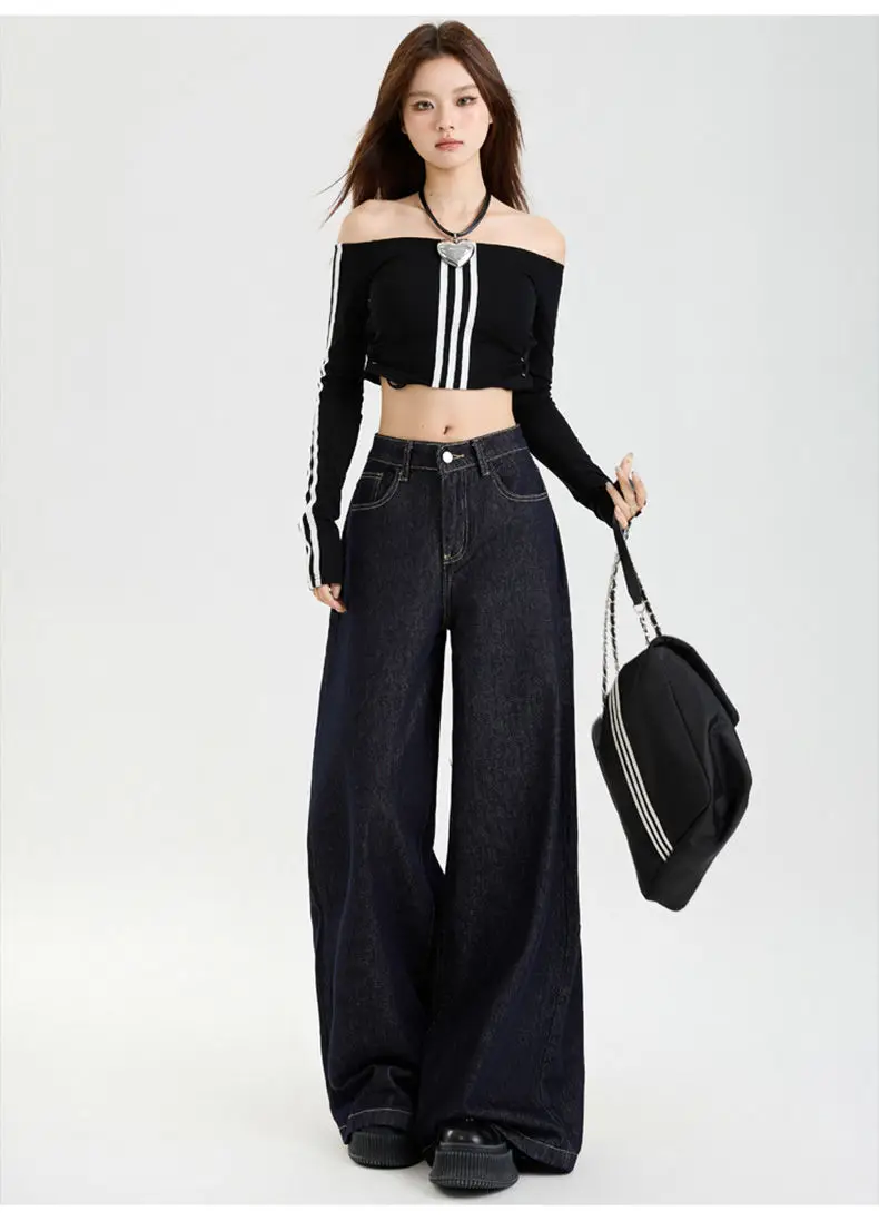 Dark Blue Slim Fit Wide Leg Jeans with Dipped Trousers — feature 17