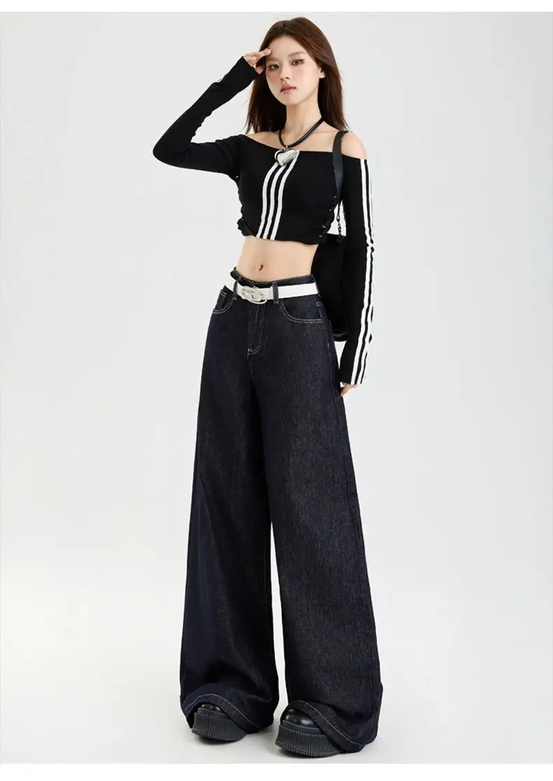Dark Blue Slim Fit Wide Leg Jeans with Dipped Trousers — feature 18