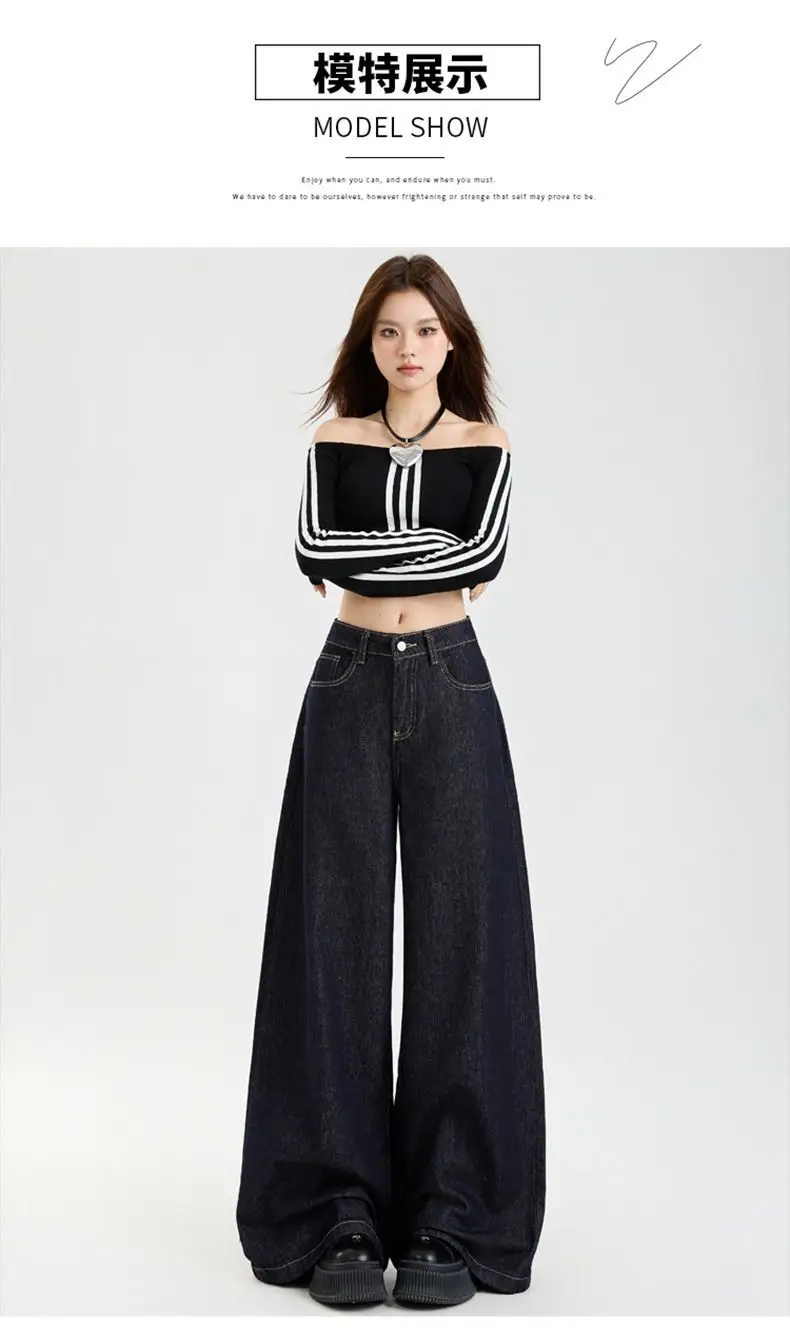 Dark Blue Slim Fit Wide Leg Jeans with Dipped Trousers — feature 7