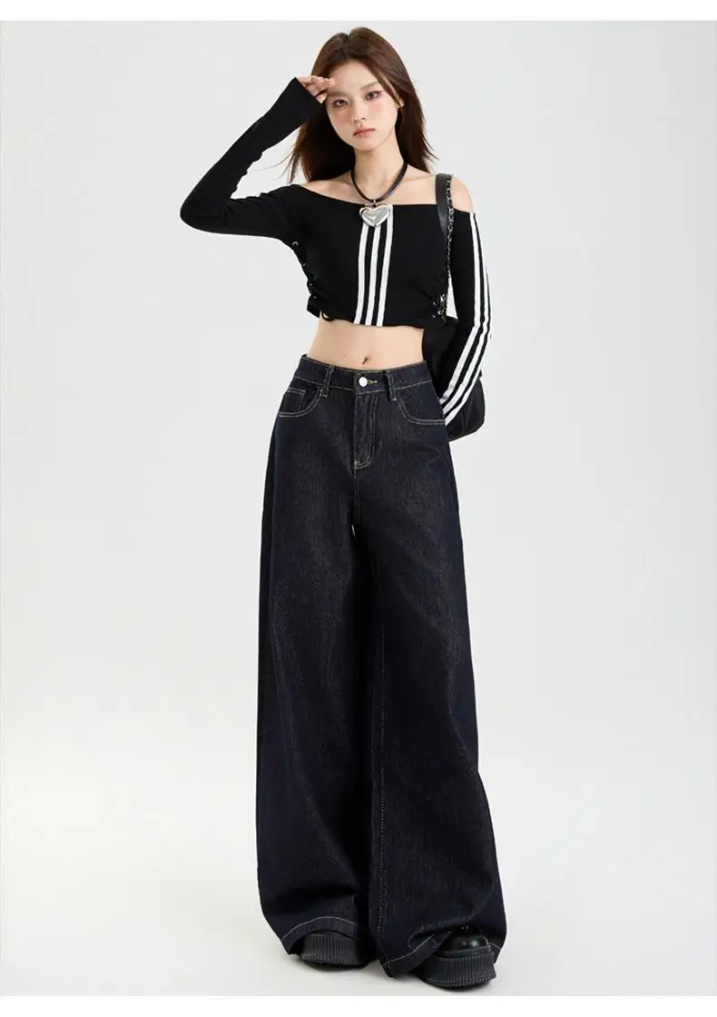 Dark Blue Slim Fit Wide Leg Jeans with Dipped Trousers — feature 8