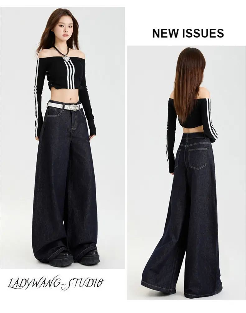 Dark Blue Slim Fit Wide Leg Jeans with Dipped Trousers — feature 9