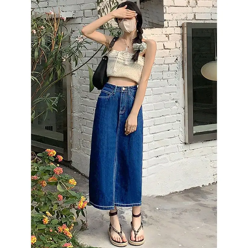 Dark Blue Denim Hip Skirt with Elastic Waist & Front Slip Design