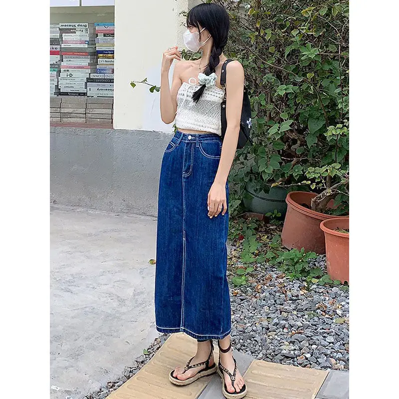 Dark Blue Denim Hip Skirt with Elastic Waist & Front Slip Design