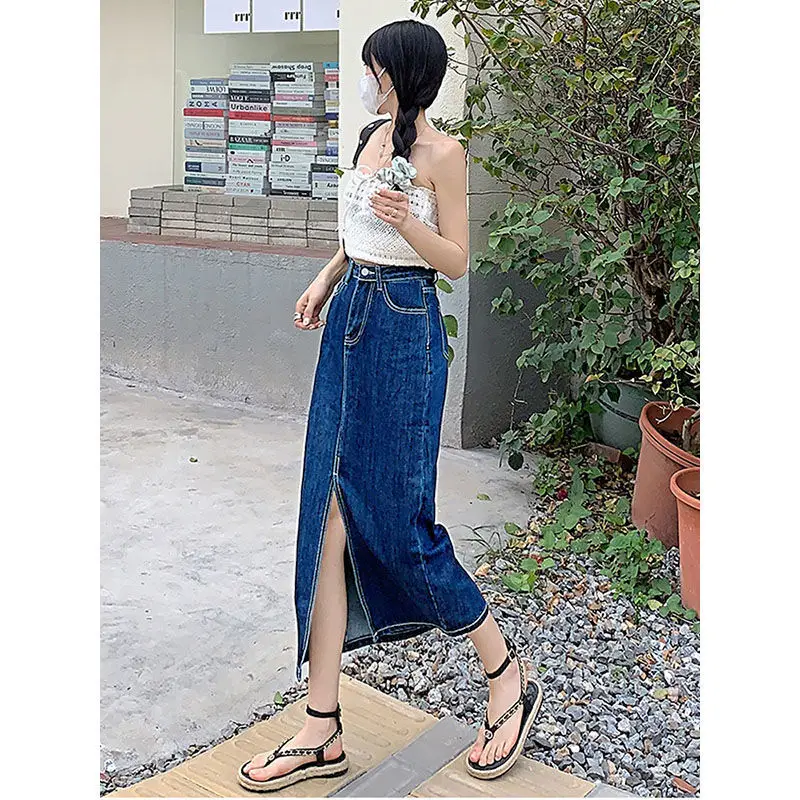 Dark Blue Denim Hip Skirt with Elastic Waist & Front Slip Design