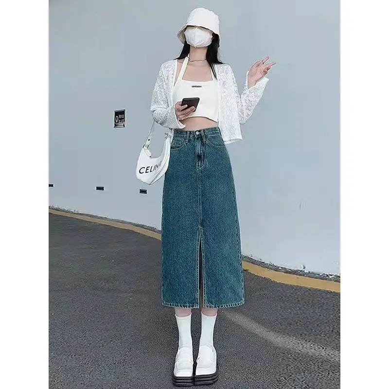Dark Blue Denim Hip Skirt with Elastic Waist & Front Slip Design