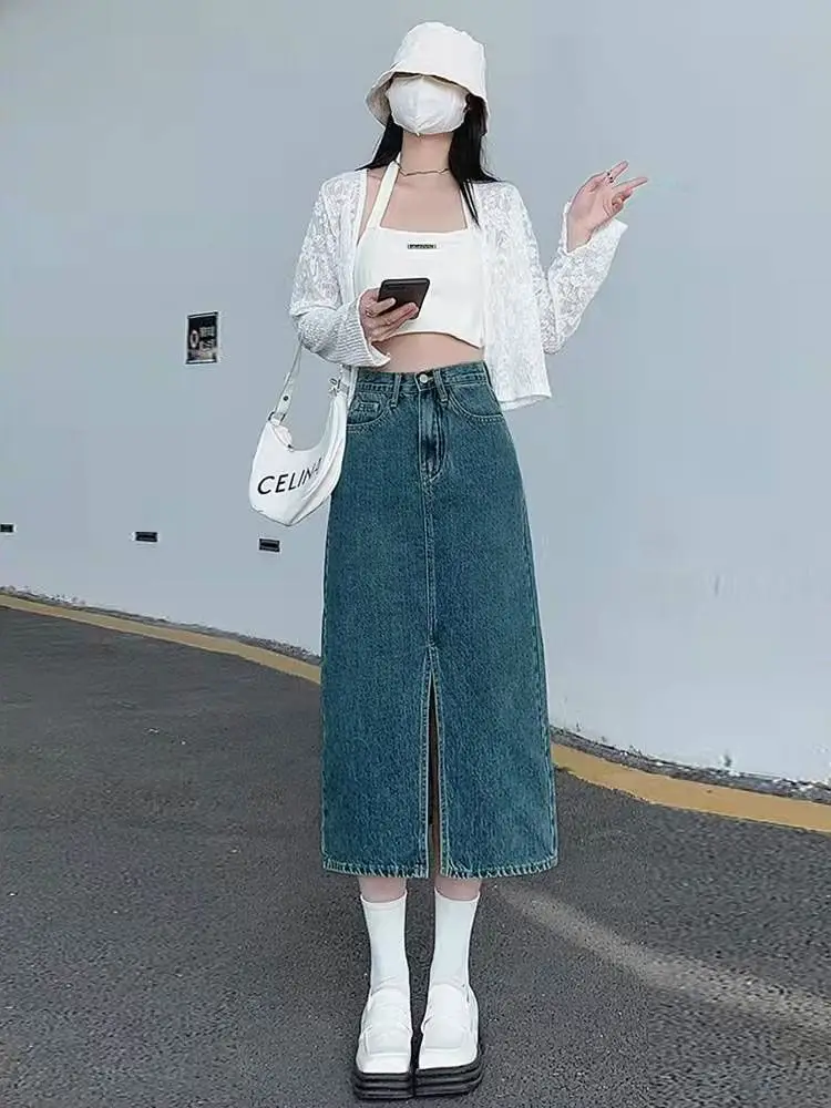 Dark Blue Denim Hip Skirt with Elastic Waist & Front Slip Design — feature 11