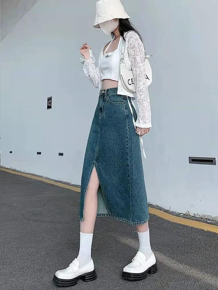 Dark Blue Denim Hip Skirt with Elastic Waist & Front Slip Design — feature 12