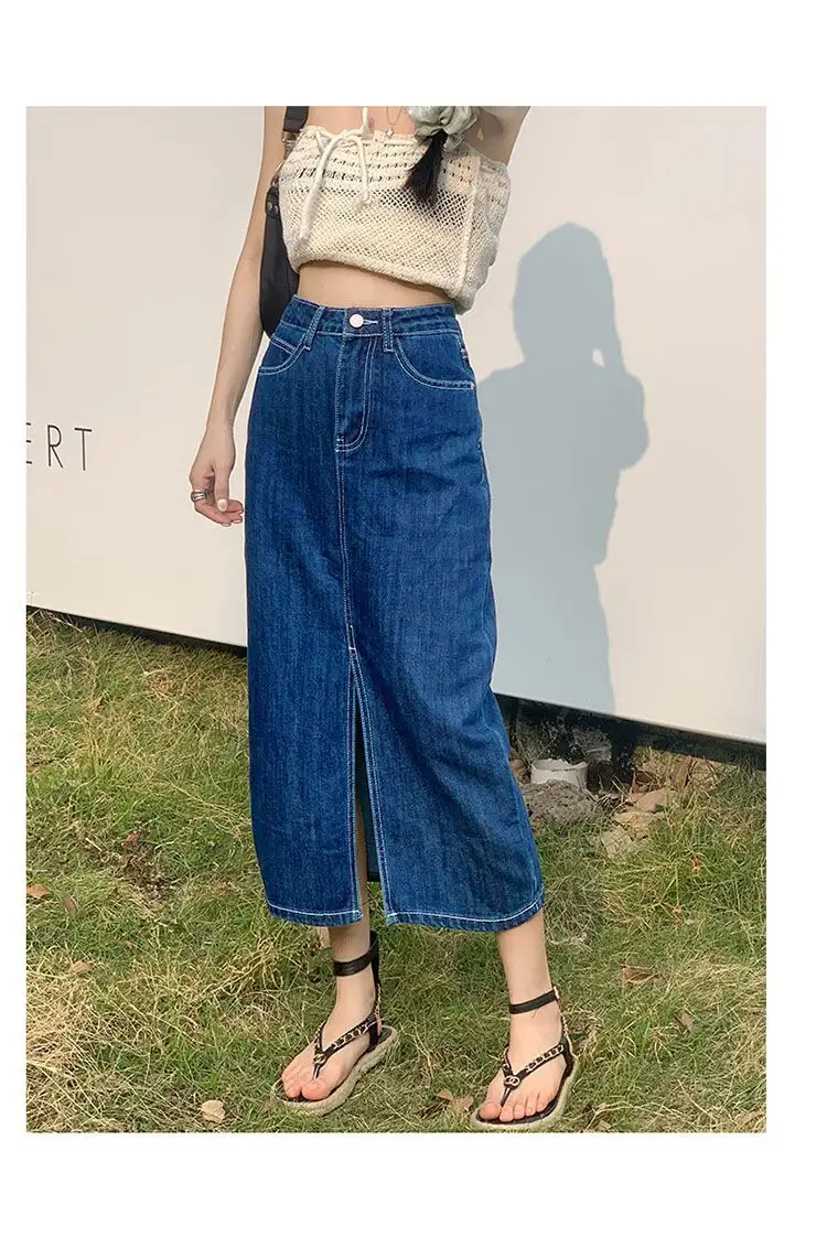 Dark Blue Denim Hip Skirt with Elastic Waist & Front Slip Design — feature 5