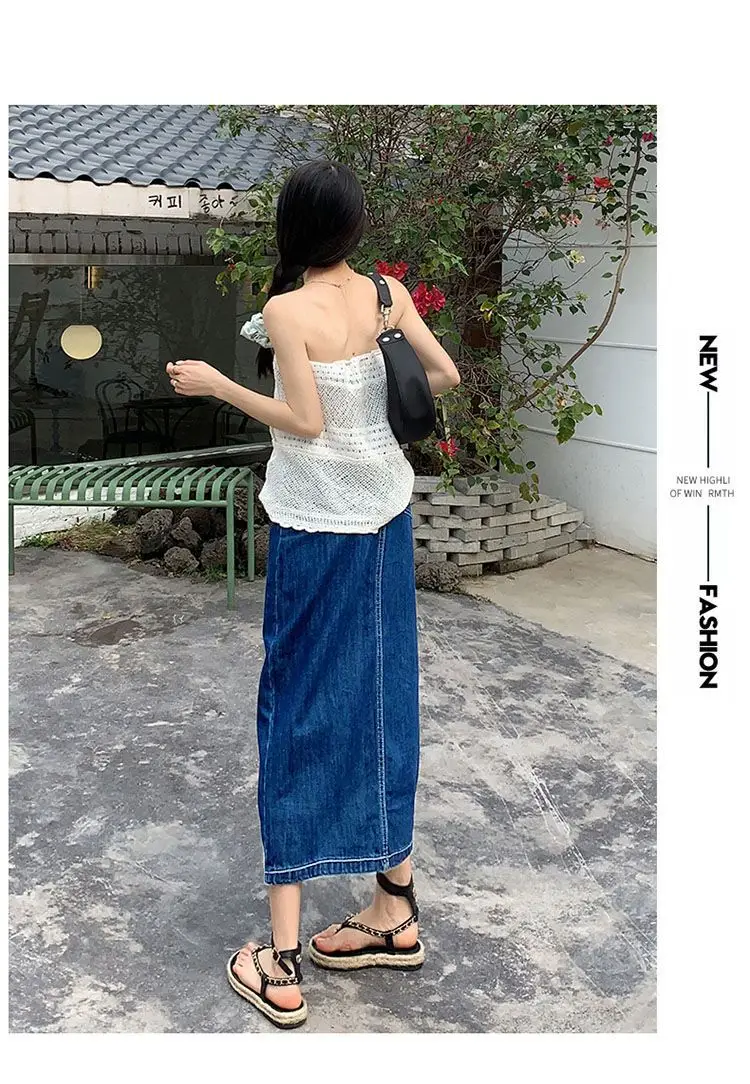 Dark Blue Denim Hip Skirt with Elastic Waist & Front Slip Design — feature 6