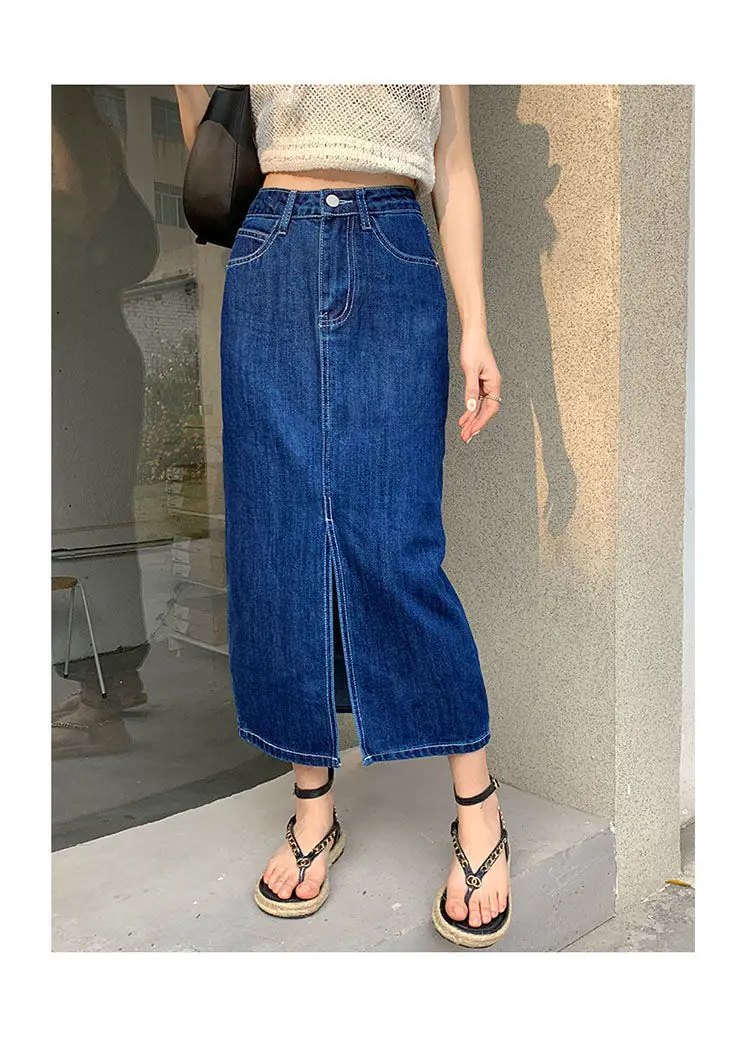 Dark Blue Denim Hip Skirt with Elastic Waist & Front Slip Design — feature 8