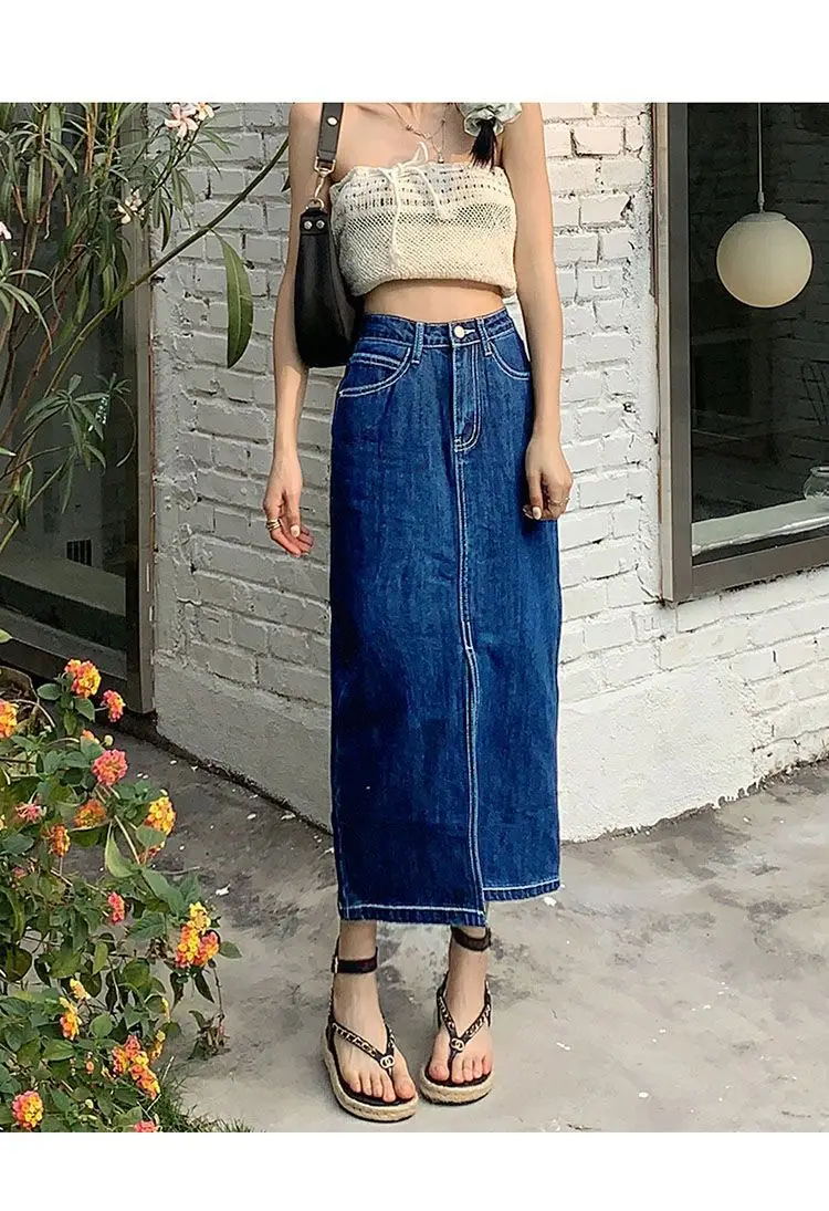Dark Blue Denim Hip Skirt with Elastic Waist & Front Slip Design — feature 9
