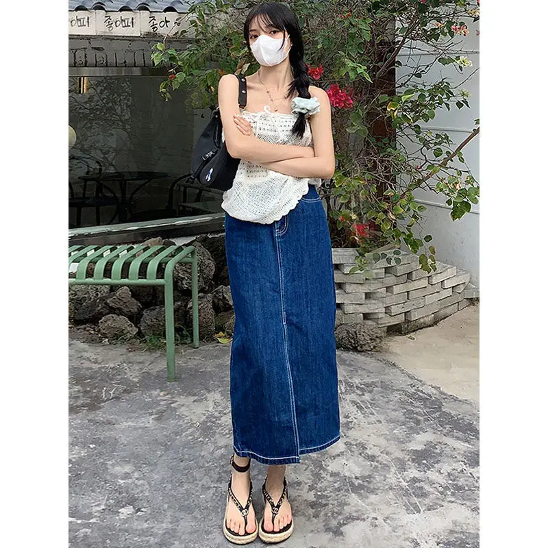 Dark Blue Denim Hip Skirt with Elastic Waist & Front Slip Design