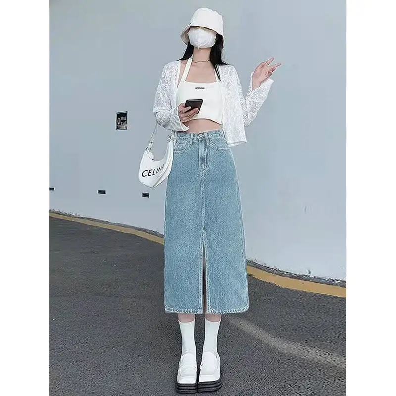 Dark Blue Denim Hip Skirt with Elastic Waist & Front Slip Design