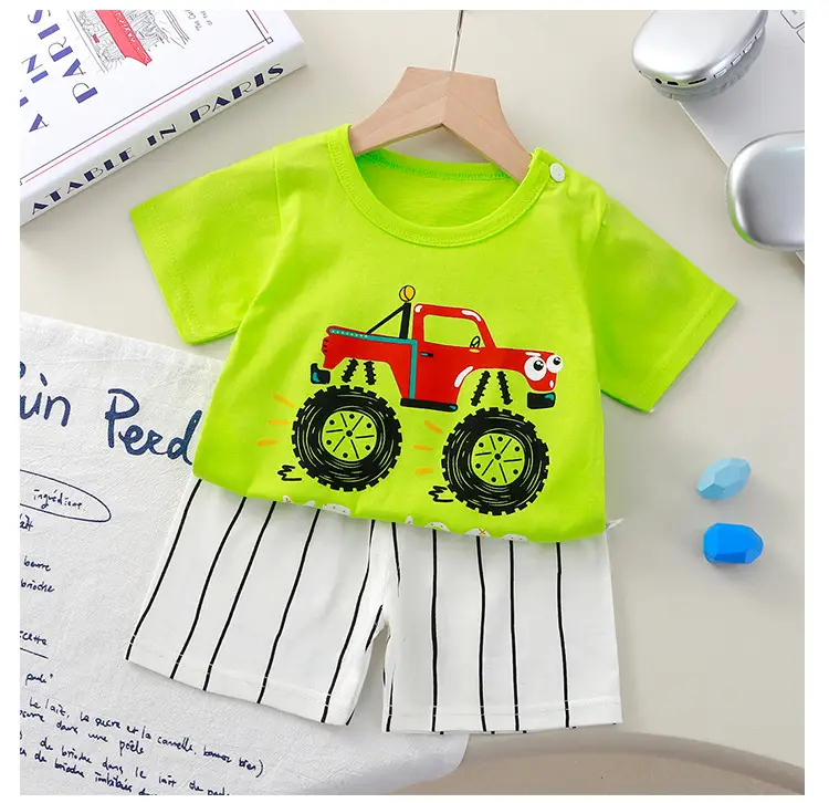 New Boys Cotton Dinosaur Shorts Suit Yellow Green — feature 13