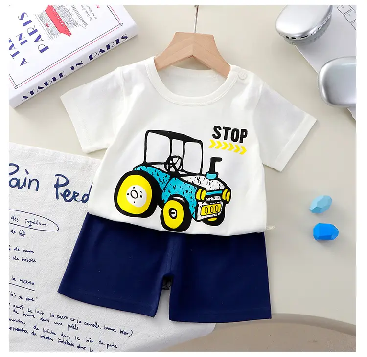 New Boys Cotton Dinosaur Shorts Suit Yellow Green — feature 17