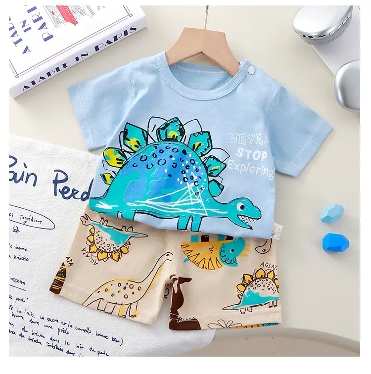 New Boys Cotton Dinosaur Shorts Suit Yellow Green — feature 18