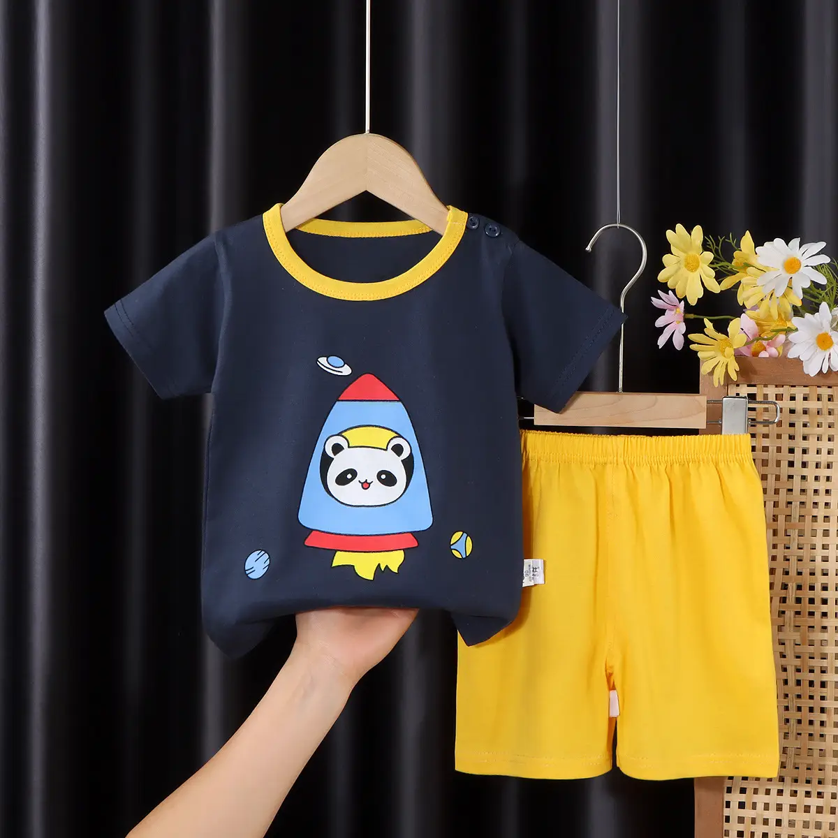 New Boys Cotton Dinosaur Shorts Suit Yellow Green — feature 25