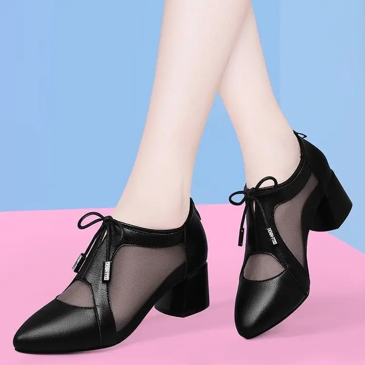 2025 Spring and Summer New Mid-heel Zipper Roman Sandals Women's Mesh Hollow Single-layer Shoes Chunky Heeled Middle-aged Women's Shoes - Image 5