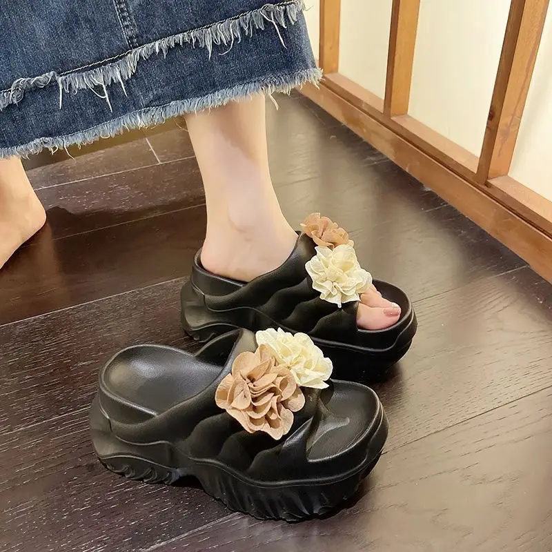 Black Floral Platform Sandals for Women Summer