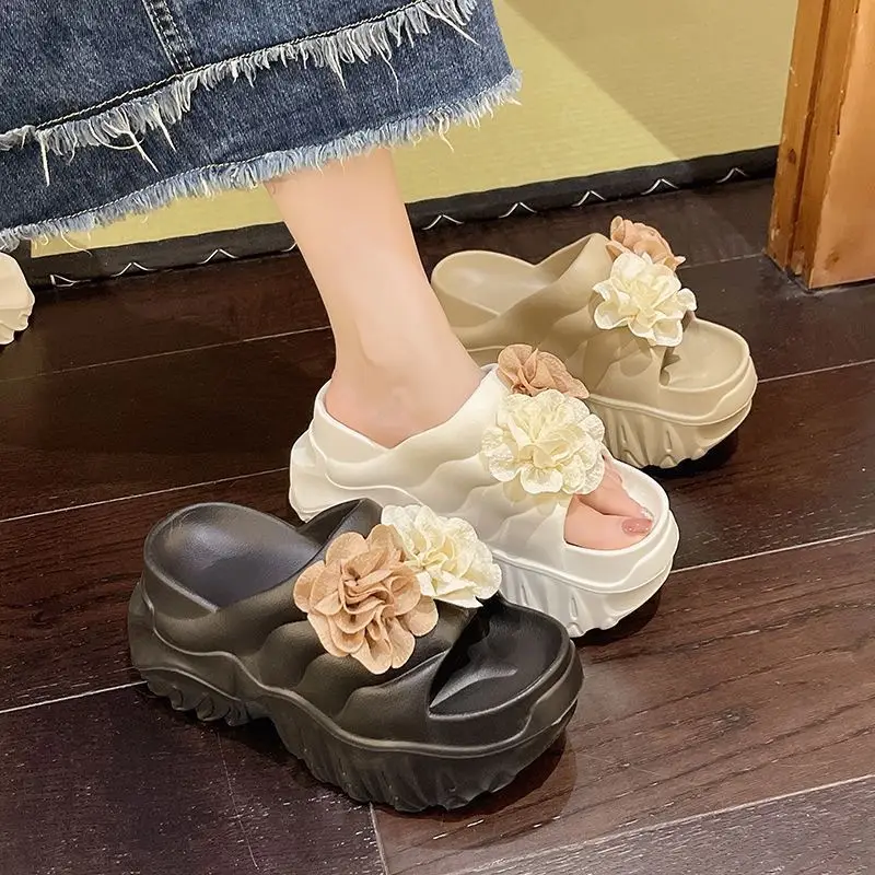 Black Floral Platform Sandals for Women Summer