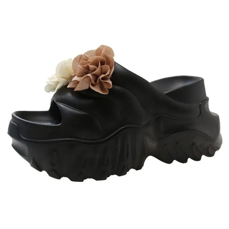 Black Floral Platform Sandals for Women Summer