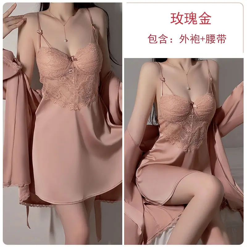 Rose Gold Lace Nightgown with Chest Pad & Belt - Image 10