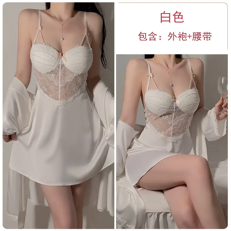 Rose Gold Lace Nightgown with Chest Pad & Belt - Image 3
