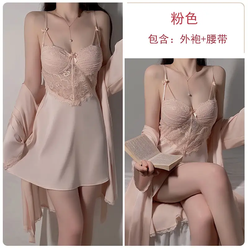 Rose Gold Lace Nightgown with Chest Pad & Belt - Image 5