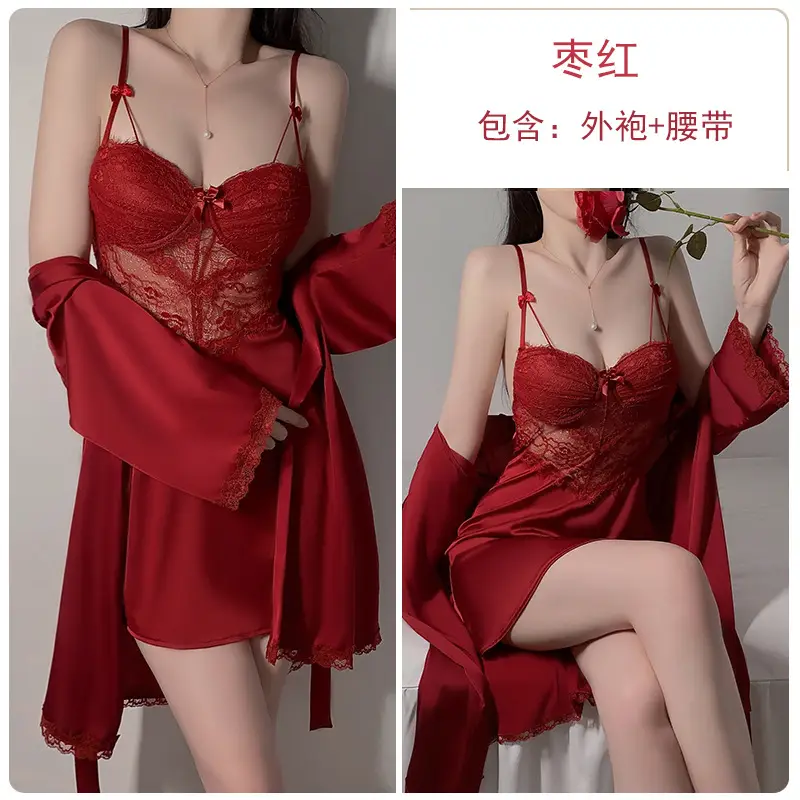 Rose Gold Lace Nightgown with Chest Pad & Belt - Image 6