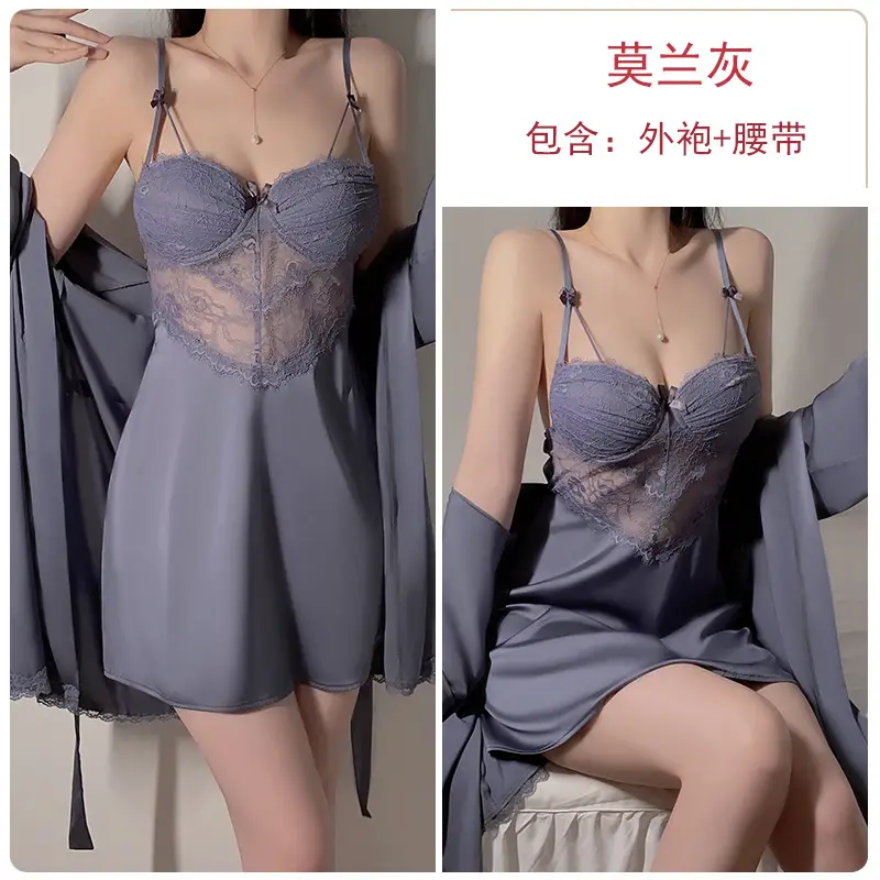 Rose Gold Lace Nightgown with Chest Pad & Belt - Image 8