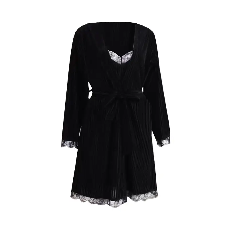 Black Velvet Nightgown with Lace Belt & Deep V Neck - Image 15
