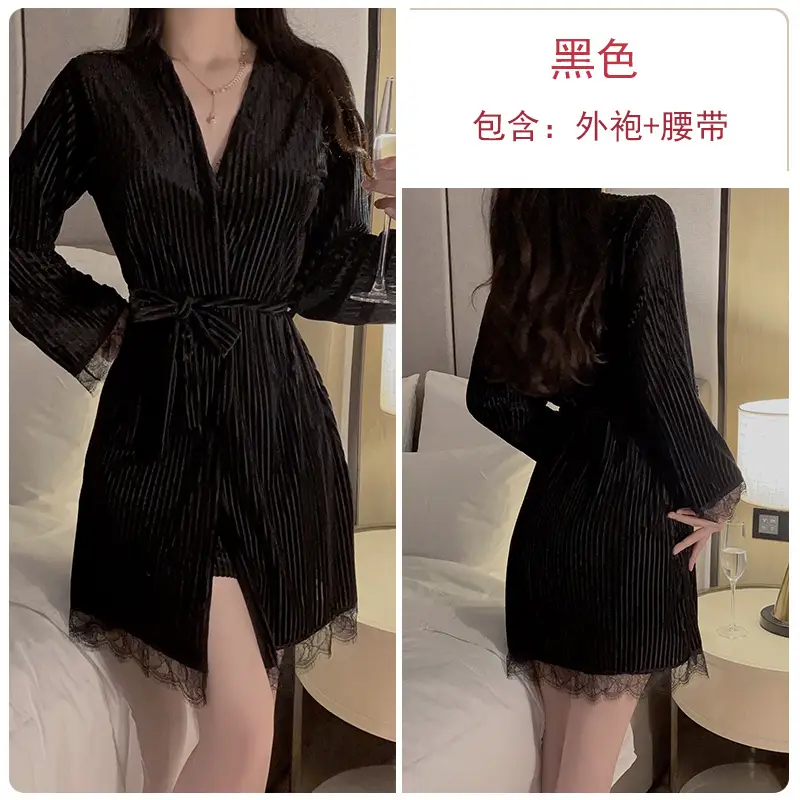 Black Velvet Nightgown with Lace Belt & Deep V Neck - Image 2
