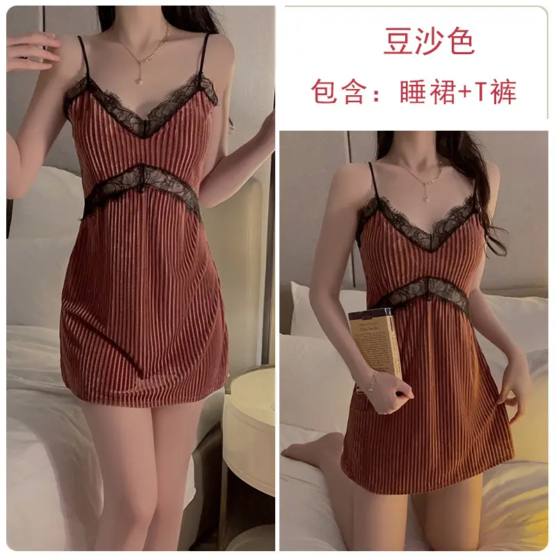 Black Velvet Nightgown with Lace Belt & Deep V Neck - Image 9