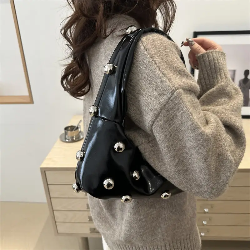 Black Rivet Shoulder Bag for Women 2025 Large Capacity - Image 8