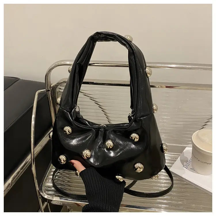 Black Rivet Shoulder Bag for Women 2025 Large Capacity - Image 2